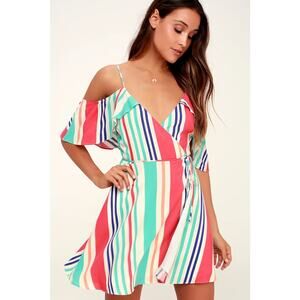 Lulu’s Women’s‎ Caliente Multi Striped Off-the-Shoulder Wrap Dress Size M NWT
